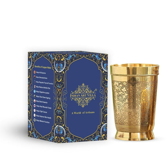 Indian Art Villa Brass Embossed Glass with Bottom, Gold, Drinkware - 9.1 oz