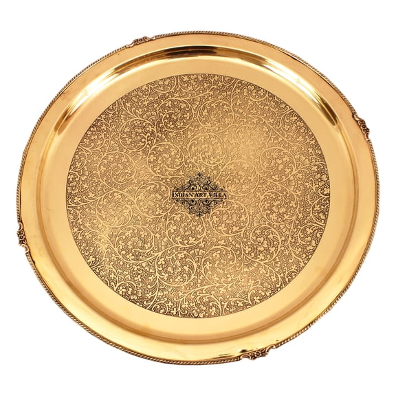 Indian Art Villa Brass Embossed Plate - 24" Decorative Thali, Gold Finish
