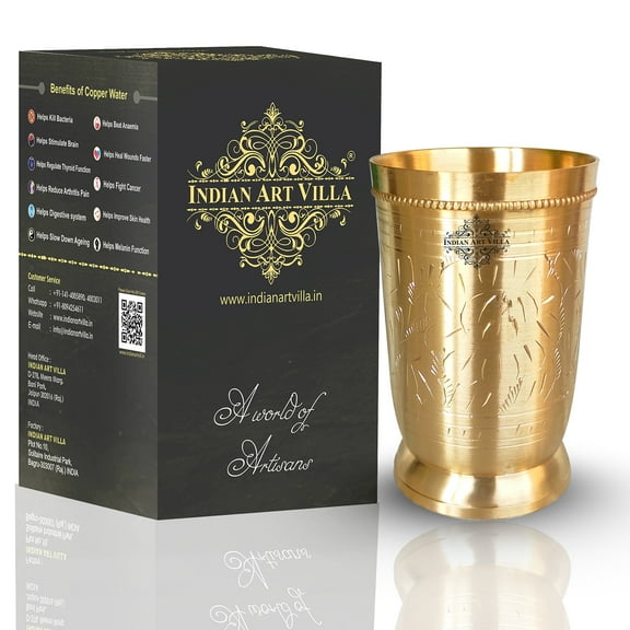 Indian Art Villa Brass Glass Cup Tumbler with Etched Mughlai Matt Design Drinkware, 10 oz
