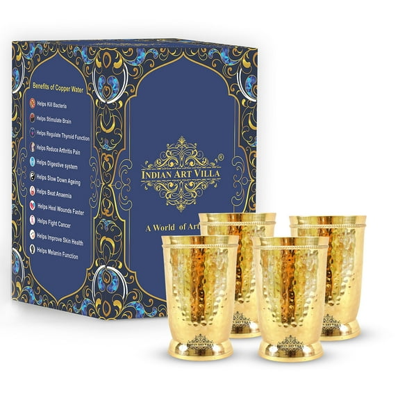 Indian Art Villa Brass Glass - Hammered Design, 10.1 oz - Elegant Drinkware (Set of 4)