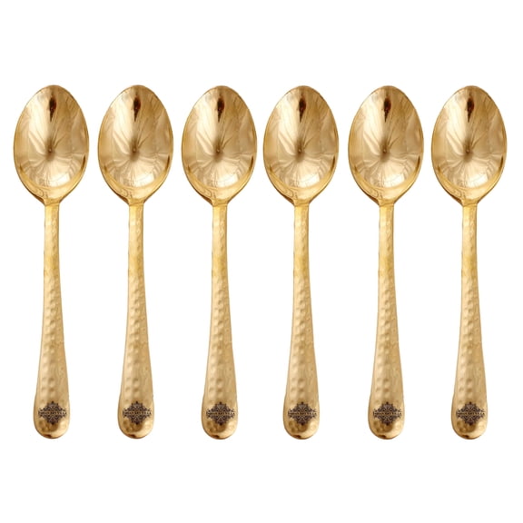 Indian Art Villa Brass Hammered Dessert Spoon, 7" Length, Elegant Tableware (Set of 6)