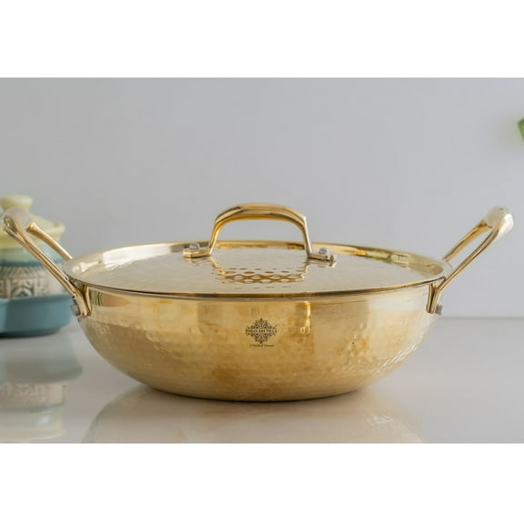 Indian Art Villa Brass Hammered Kadhai with Lid & Tin Lining, Gold, 67.6 oz, Cookware - '9.5 inch'