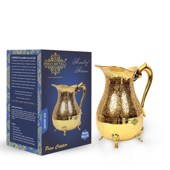 Indian Art Villa Brass Handmade Drinking Jug, 4-Leg Design, 59 oz Capacity, Luxurious Tableware