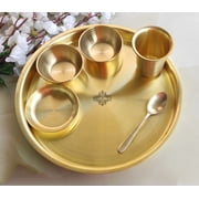 Indian Art Villa Brass Matt Finish 6 Pieces Dinner Set with 1 Thali, 2 Katori, 1 Rice Plate, 1 Glass & 1 Spoon, Tableware - 1 Dinner Set