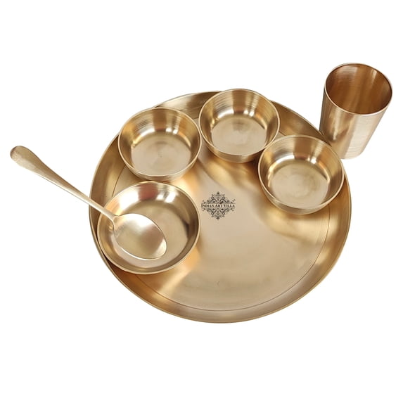 Indian Art Villa Brass Matt Finish 7 Pieces Dinner Set, 1 Thali, 3 Bowl, 1 Rice Plate, 1 Glass & 1 Spoon, Traditional Indian Dinnerware