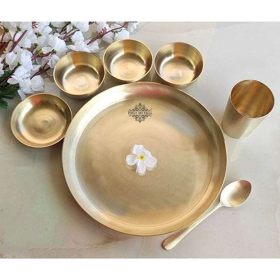 Indian Art Villa Brass Matt Finish 7 Pieces Dinner Set with 1 Thali, 3 Katori, 1 Rice Plate, 1 Glass, and 1 Spoon (Pack of 1 Dinner Set)