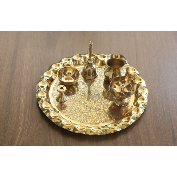 Indian Art Villa Brass Pooja Thali Set with Embossed Design, 10.1 Inches Diameter, 6 Pieces Set, Spiritual and Pooja Purpose, Temple Home