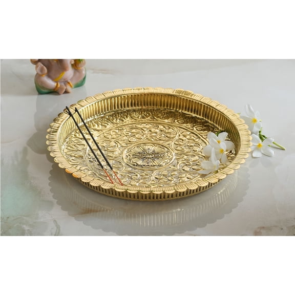 Indian Art Villa Brass Puja Plate, Sunflower Design, 13.7-Inch Diameter
