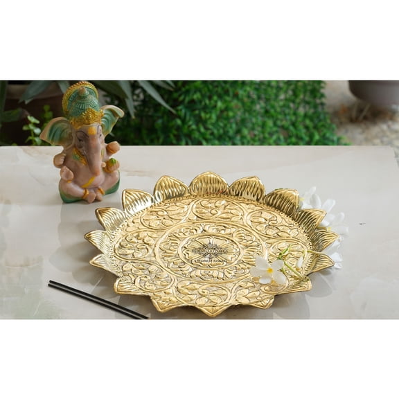 Indian Art Villa Brass Puja Plate, Sunflower Design, 13-Inch Diameter