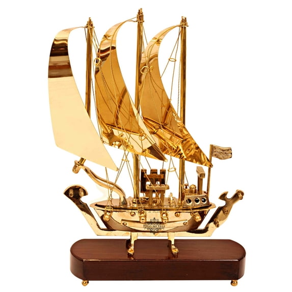 Indian Art Villa Brass Ship with Wooden Base, Showpiece Item, Perfect for Home Decoration and Gifting, 12’’ Inch Height