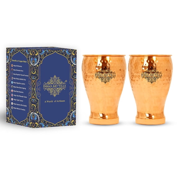 Indian Art Villa Copper Beverage Glass with Hammered Finish, Drinkware – Brown, 15 oz, Set of 2