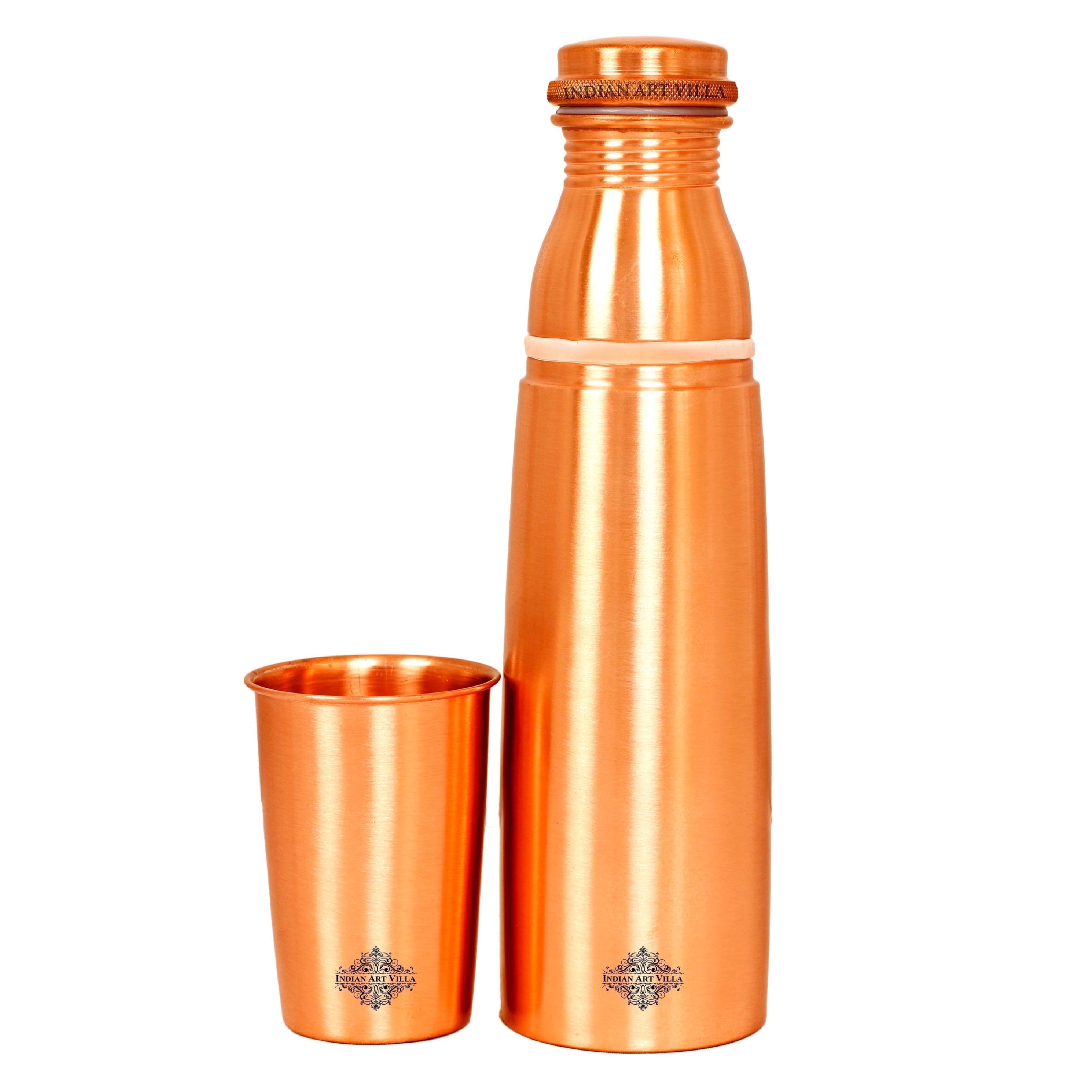 Indian Art Villa Copper Bottle With Inbuilt Glass Drinking Water 34 Oz