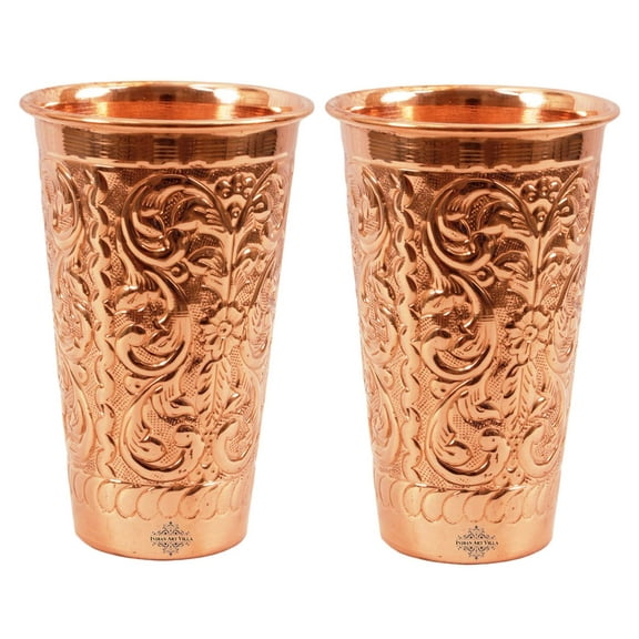 Indian Art Villa Copper Designer Big Glasses Set, Drinkware, Brown, 17.7 oz – Set of 2