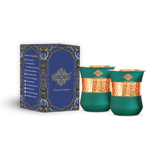 Indian Art Villa Copper Half Hammered Half Silk Finish Green Coloured Glass, Green, Drinkware – 10.14 oz, Set Of 2