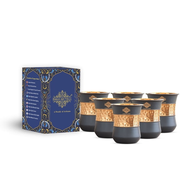 Indian Art Villa Copper Half Hammered Half Silk Finish Grey Coloured Glass, Grey, Drinkware – 10.14 oz, Set Of 6