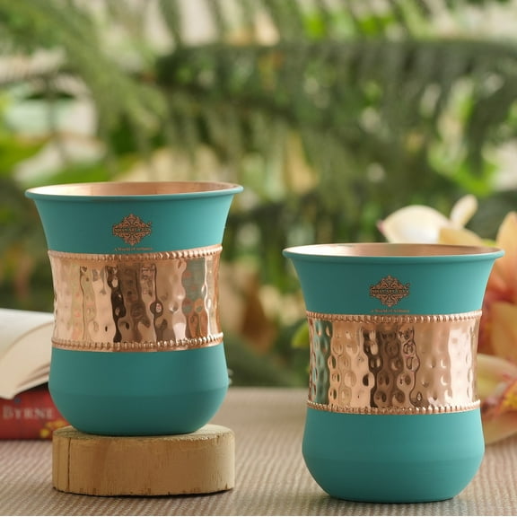 Indian Art Villa Copper Half Hammered Half Silk Finish Turquoise Coloured Glass, Turquoise, Drinkware – 10.14 oz, Set Of 2