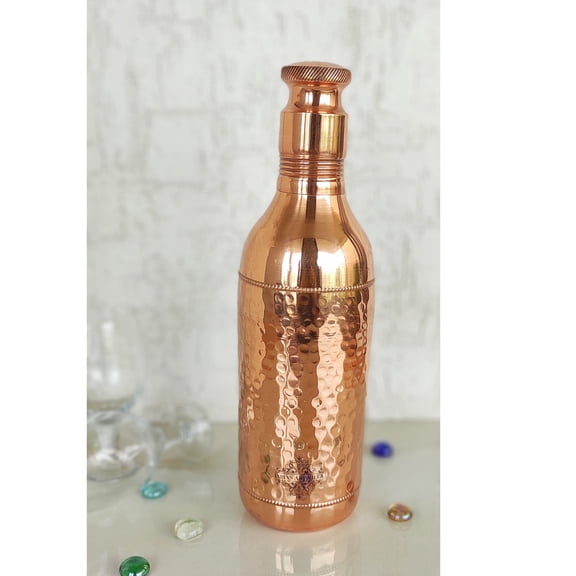 Indian Art Villa Copper Half Plain & Half Lacquer Design Bottle, Brown, Drinkware - 25.3 oz