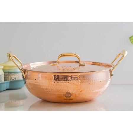 Indian Art Villa Copper Hammered Kadhai with Lid and Tin Lining, Brown, 67.6 oz, Cookware - 9.5 inch