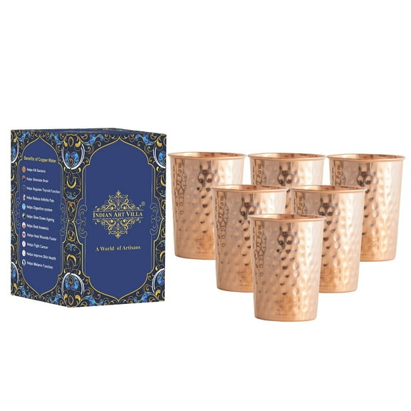 Indian Art Villa Copper Hammered Glass, Drinkware, Brown, 9.3 oz - Set of 6