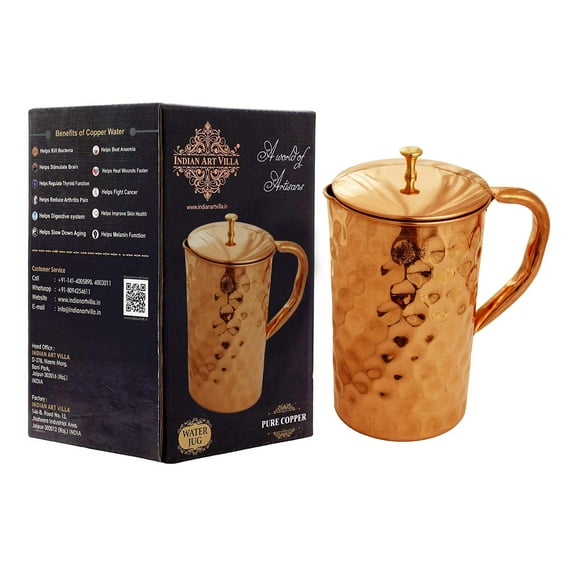 Indian Art Villa Copper Diamond Design Jug with Brass Knob, Brown, Drinkware, 67.6 oz