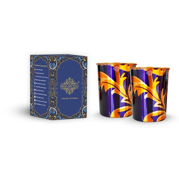 Indian Art Villa Copper Printed Glass with Violet Copper Leaf Print Design, Voilet, Drinkware – 10.14 oz, Set Of 2