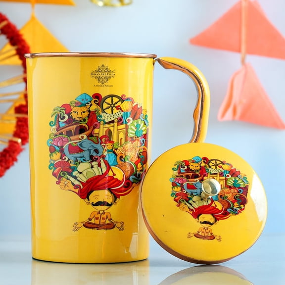 Indian Art Villa Copper Printed Jug Padharo Mhare Desh, Multicolor, Everyday Use, Drinkware, 50.7 oz