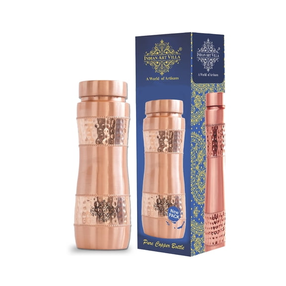Indian Art Villa Copper Water Bottle - 25.36 oz, Half Lacquer, Hammered Champion Design