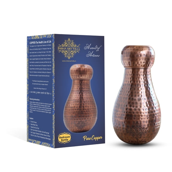 Indian Art Villa Handcrafted Copper Antique Dark Matka Hammered Design Bedroom Bottle, Dark Brown, Drinkware – 54 oz