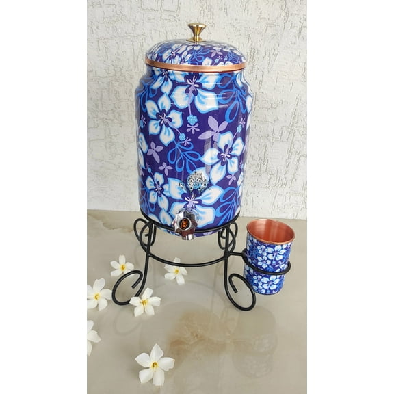 Indian Art Villa Copper Water Dispenser - 169 oz, Blue Floral Print with Stand & Glass