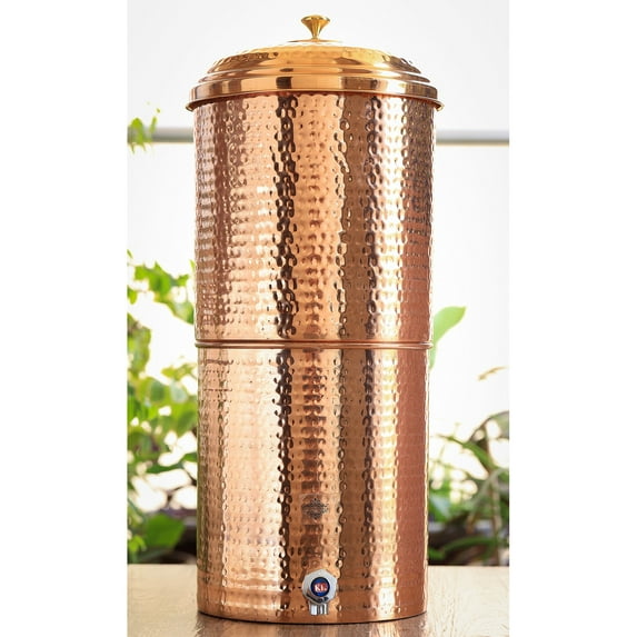 Indian Art Villa Copper Water Dispenser, Luxurious Hammered Design, Double Filter Candle Inside, 507 oz