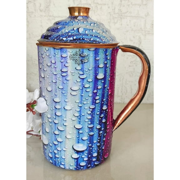Indian Art Villa Copper Water Drop Printed Jug, Blue, Drinkware, 50.7 oz