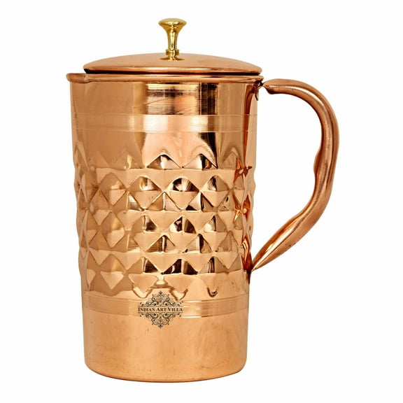 Indian Art Villa Copper Water Jug - 68 oz, Brass Knob, Diamond Hammered Design
