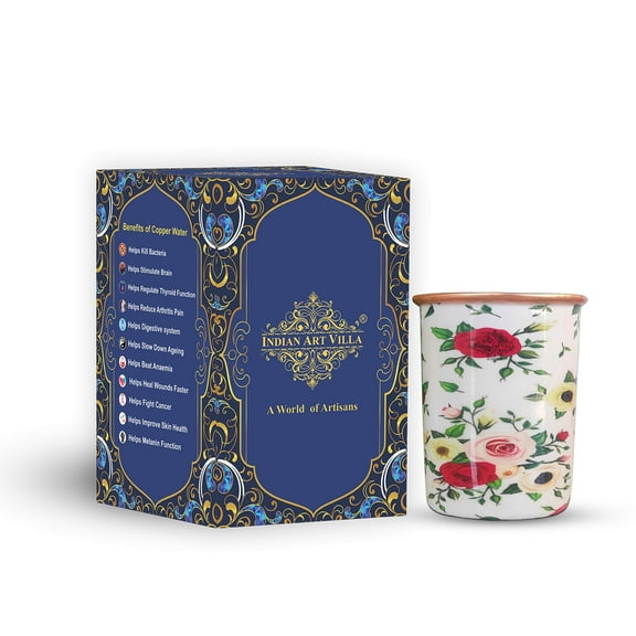 Indian Art Villa Copper White Floral Printed Glass, Drinkware & Serveware, 10 Oz