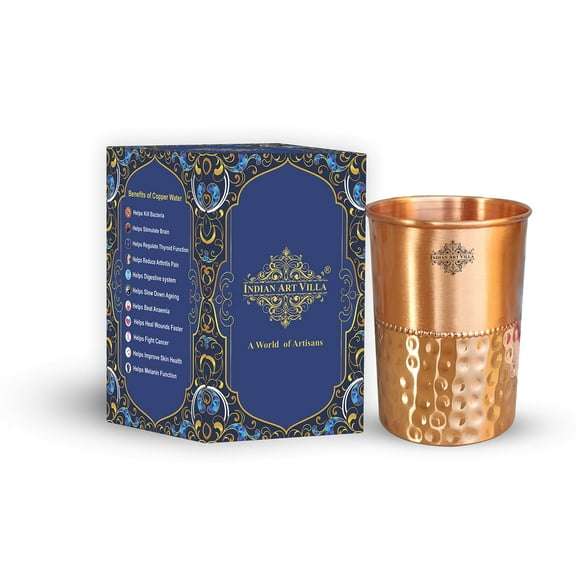 Indian Art Villa Elegant Copper Glass - Half Lacquer Hammered Design, 10 oz