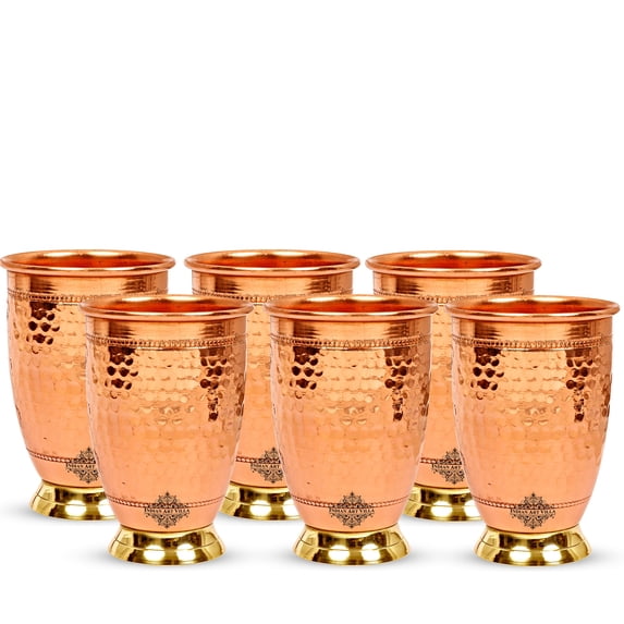 Indian Art Villa Handmade Copper Hammered Designer Drinking Glasses with Brass Bottom, Brown Finish, Drinkware – 13.5 oz Each, Set of 6 Pcs