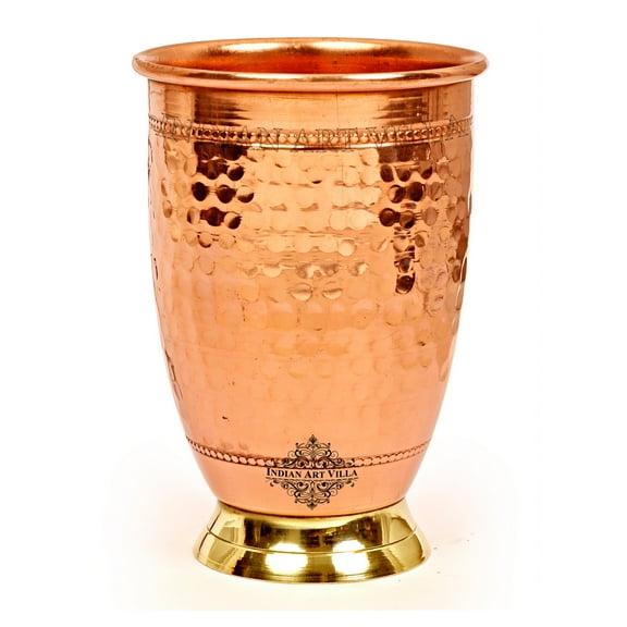 Indian Art Villa Handmade Copper Hammered Designer Drinking Glass with Brass Bottom, Brown Finish, Drinkware – 13.5 oz