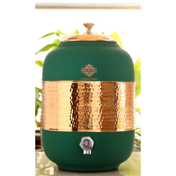 Indian Art Villa Half Hammered Copper Water Pot with Silk Finish in Green Color, Drinkware - 169 oz