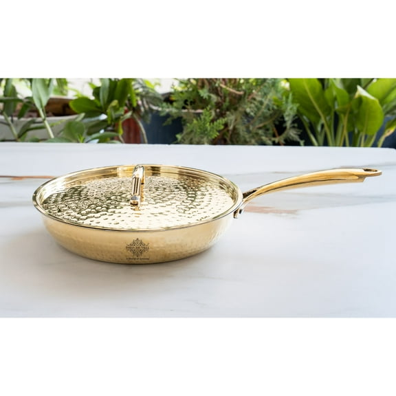 Indian Art Villa Hammered Brass Fry Pan with Lid, Tin Lined, Gold, 10"