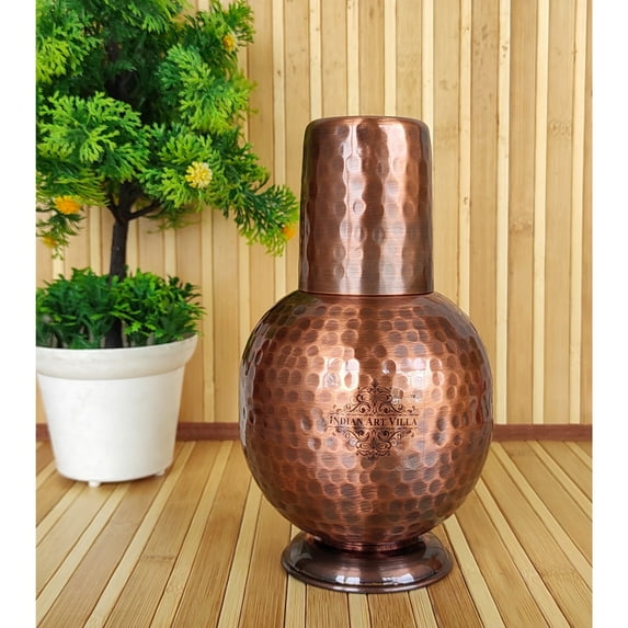 Indian Art Villa Hammered Pure Copper Surai Design Bedroom Water Bottle with Inbuilt Glass/Tumbler,24 Oz