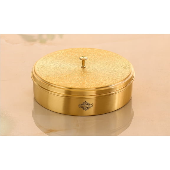 Indian Art Villa Handcrafted Brass Spice Box, Embossed Lid, 7.5" Diameter, Elegant Kitchenware