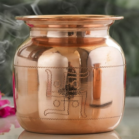 Indian Art Villa Handcrafted Copper Lota with Swastik Design, Brown, Drinkware - 12 oz