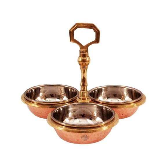 Indian Art Villa Handcrafted Steel Copper Condiment Bowl Set - 3 Compartments, Elegant Serveware & Dinnerware