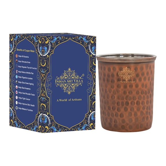 Indian Art Villa Handcrafted Steel & Copper Flat Hammered Antique Dark Tone Design Glass, Brown, Drinkware, 10.14 oz