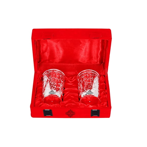 Indian Art Villa Handmade Silver Plated Designer Glasses, with Red Velvet Gift Box, Gifting and Decorative, Set of 2 8.5 oz Each