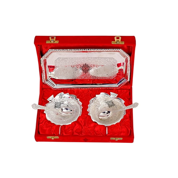 Indian Art Villa Leaf-Design Silver-Plated Bowl Set - Includes Spoon & Tray, Red Gift Box