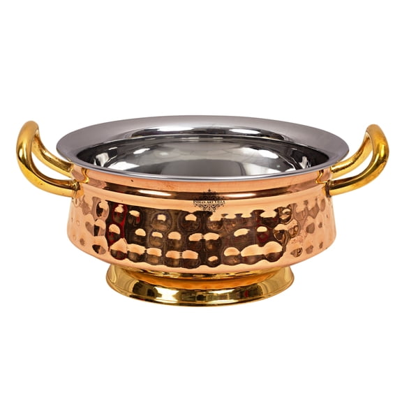 Indian Art Villa Mughlai Handi - 5.8" Steel Copper with Brass Handle, Hammered Finish