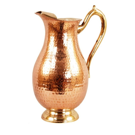 Indian Art Villa Mughlai-Style Copper Jug - Hammered Finish with Brass Accents, Tin-Lined, 59 OZ