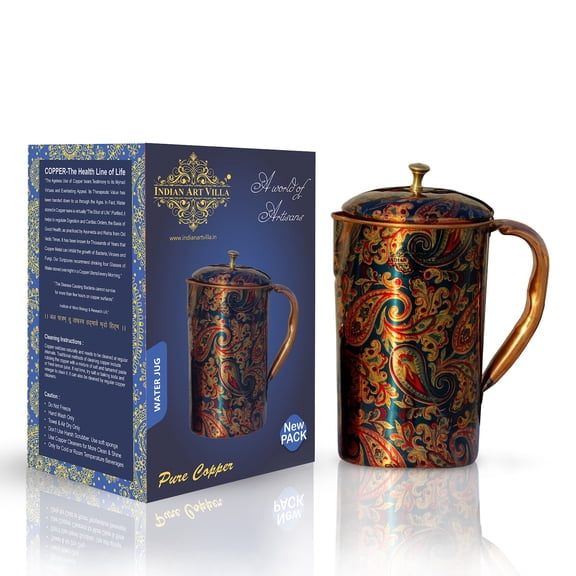 Indian Art Villa Copper Printed Design Jug, Drinkware, 50.7 oz