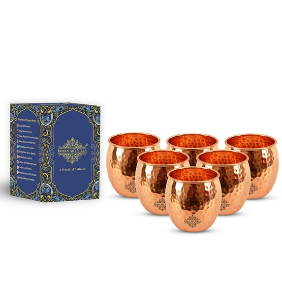Indian Art Villa Pure Copper Glass/Tumbler for Drinking and Storing Water, 20 Oz Capacity, Drinkware Glass (6 Pieces)