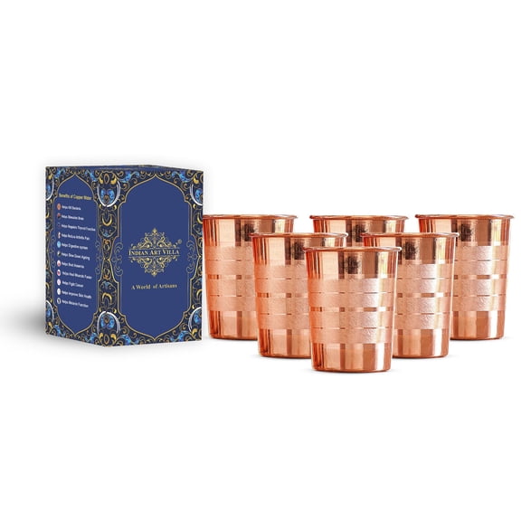 Indian Art Villa Pure Copper Glass with Luxury Design, 10 Oz, Drinkware, Serveware, Set of 6